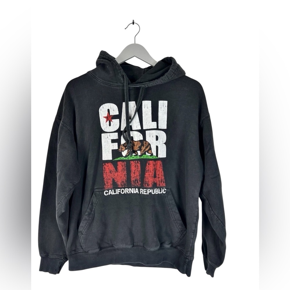 California Republic Hoodie Sweatshirt Black Mens L Graphic Bear thrashed